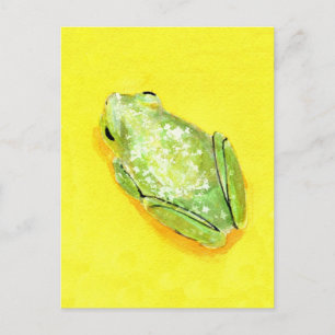 Green frog on yellow background watercolour postcard