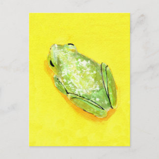 Green frog on yellow background watercolour postcard
