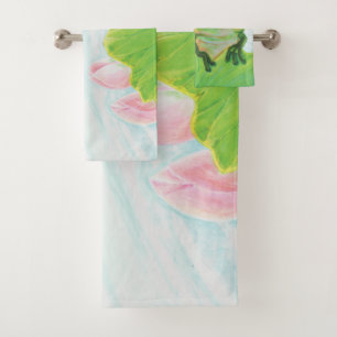 Green Frog Relaxing in the pond   Bath Towel Set