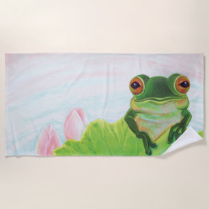 Green Frog Relaxing in the pond Beach Towel