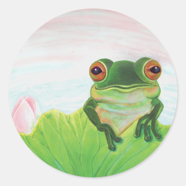 Green Frog Relaxing in the pond Round Sticker   (Front)