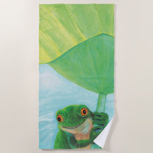 Green Frog under Lily Pad  Beach Towel