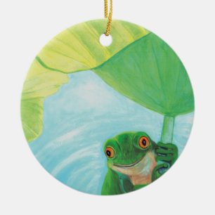 Green Frog under Lily Pad Ceramic Tree Decoration