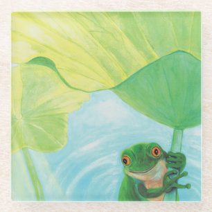 Green Frog under Lily Pad  Glass Coaster
