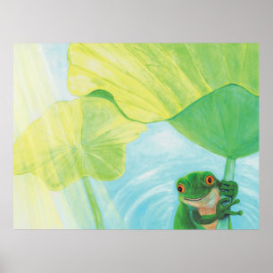 Green Frog under Lily Pad  Poster