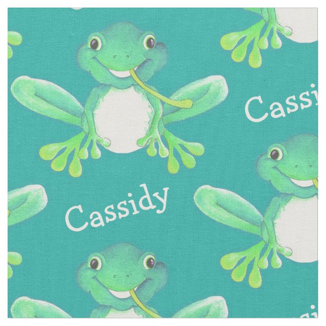 Green frog watercolor art name fabric (Close Up)