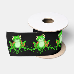 Green Frogs on Black Satin Ribbon