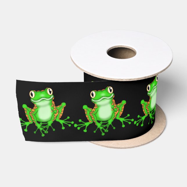 Green Frogs on Black Satin Ribbon (Spool)