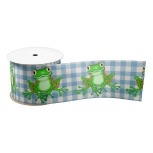Green Frogs On Gingham Satin Ribbon