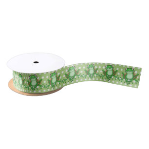 Green Frogs on Polka Dots Satin Ribbon