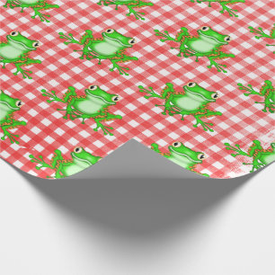Green Frogs on Red Gingham Wrapping Paper