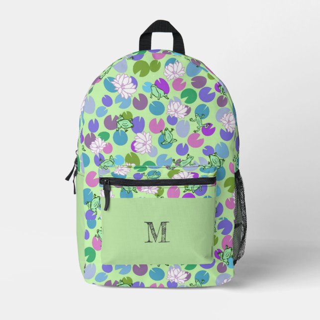 Green Frogs Pattern Personalised Monogram Printed Backpack (Front)