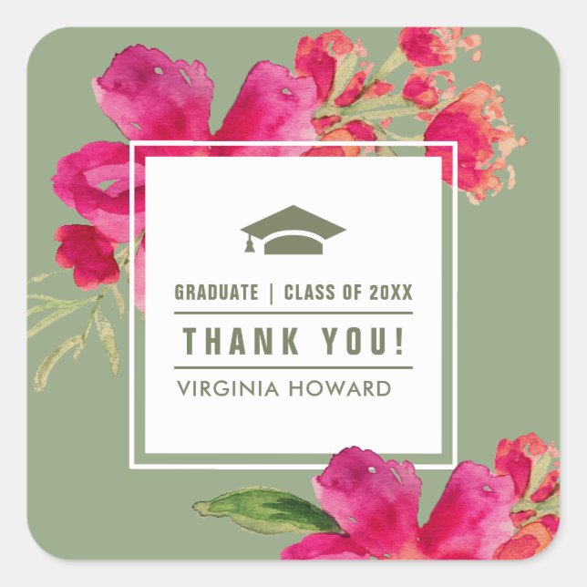 Green | Fuchsia Floral Graduation  Square Sticker (Front)