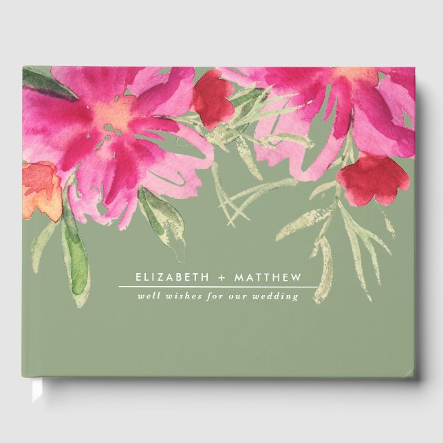 Green Fuchsia Floral Watercolor Wedding Guest Book (Front)