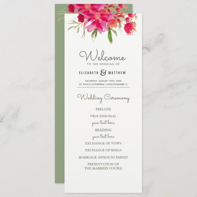 Green | Fuchsia Floral Watercolor Wedding Programs Invitation (Front/Back)