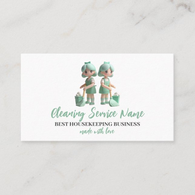 Green Funny Cartoon Woman Cleaning Business Card (Front)