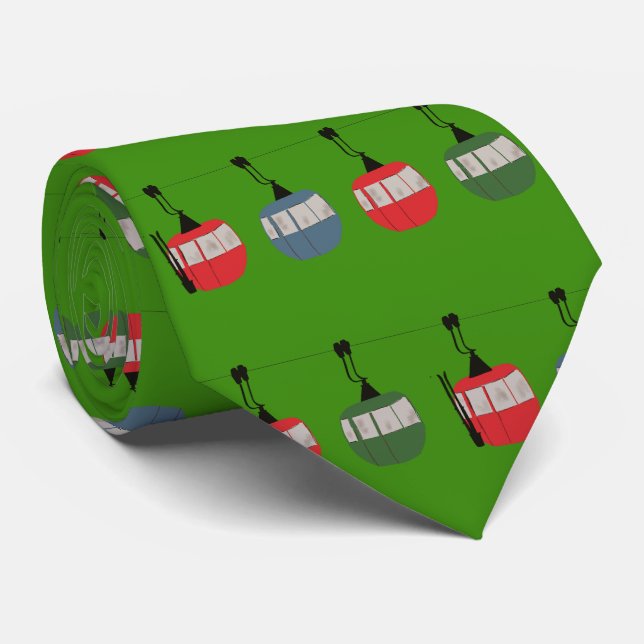 Green Funny Christmas Ski Lift Illustration Skier Tie (Rolled)