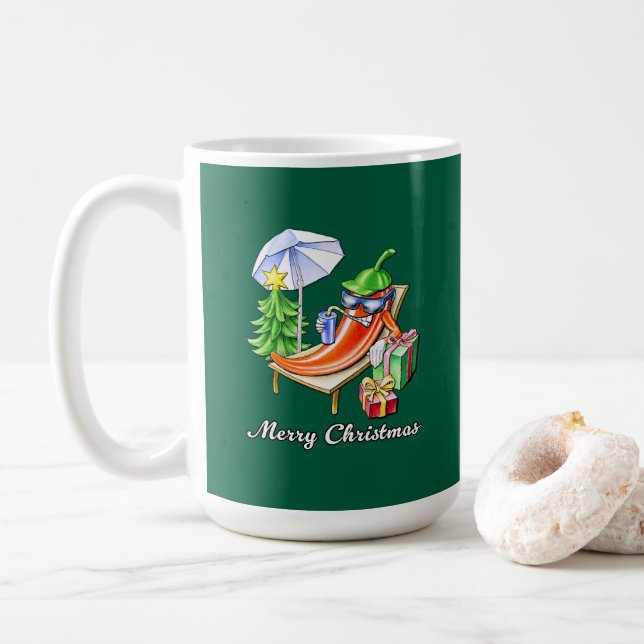 Green Funny Merry Christmas Chilli Drawing Coffee Mug (With Donut)