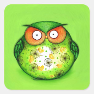 Green Funny Owl Square Sticker