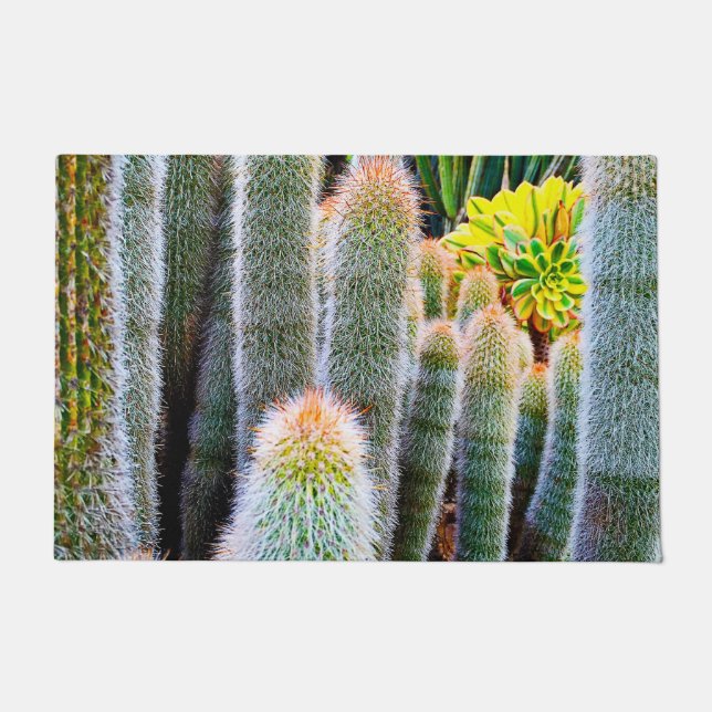 Green fuzzy cacti close-up photo bold modern chic doormat (Front)
