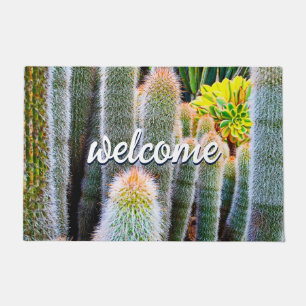 Green Fuzzy Cacti Close-up Photo Welcome Script Doormat