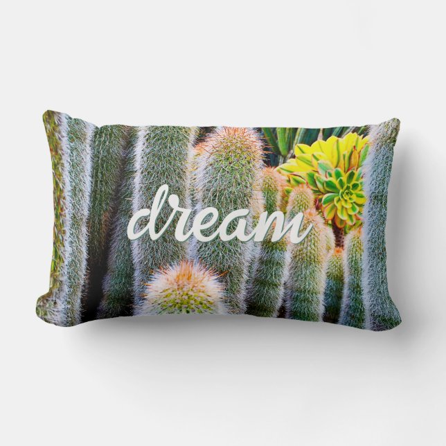 Green Fuzzy Cacti Photo Dream Quote Script Bold Lumbar Cushion (Front)