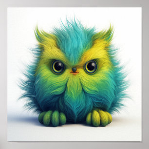 Green Fuzzy Owl Fantasy Creature Poster