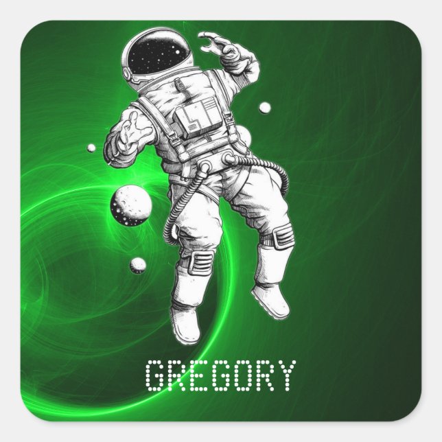 Green Galaxy Astronaut Personalised Square Sticker (Front)