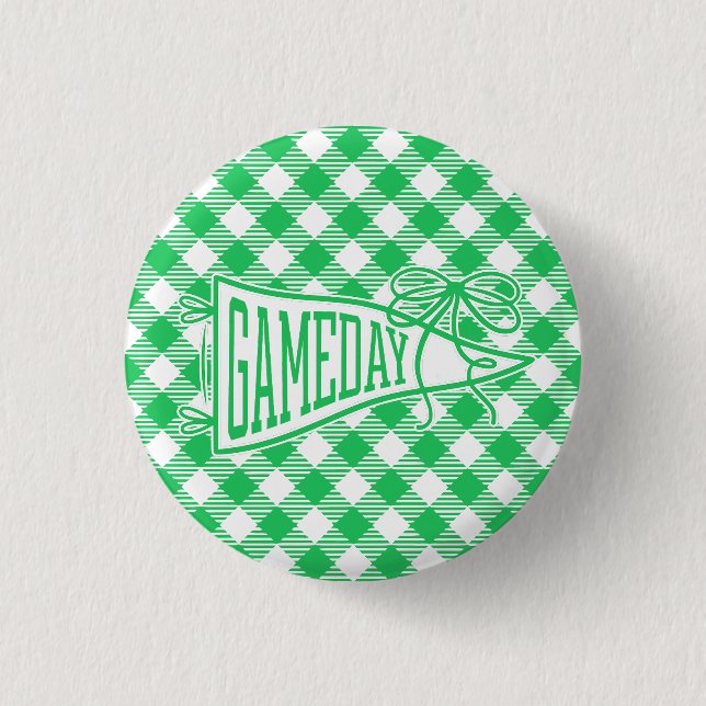 Green Game Day Gingham Pennant Bow 3 Cm Round Badge (Front)