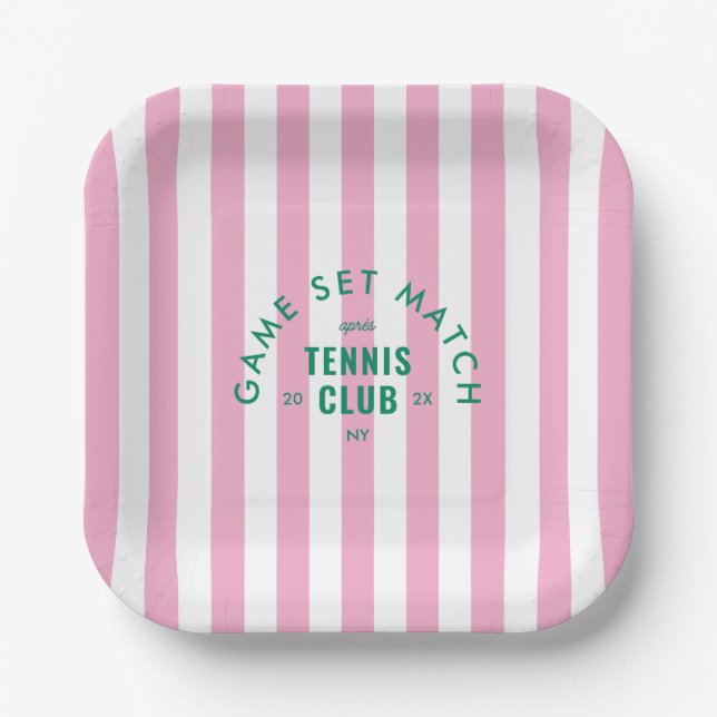 Green Game Set Match Après Tennis Club Pink Stripe Paper Plate (Front)