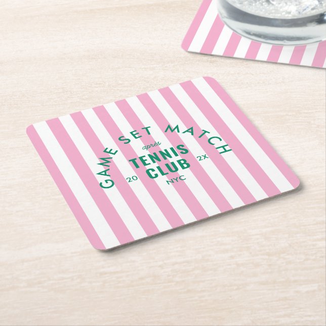 Green Game Set Match Après Tennis Club Pink Stripe Square Paper Coaster (Angled)
