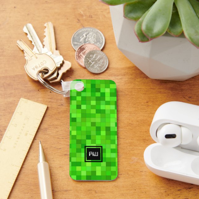 Green Gamer Pixels Personalised Key Ring (Desk)