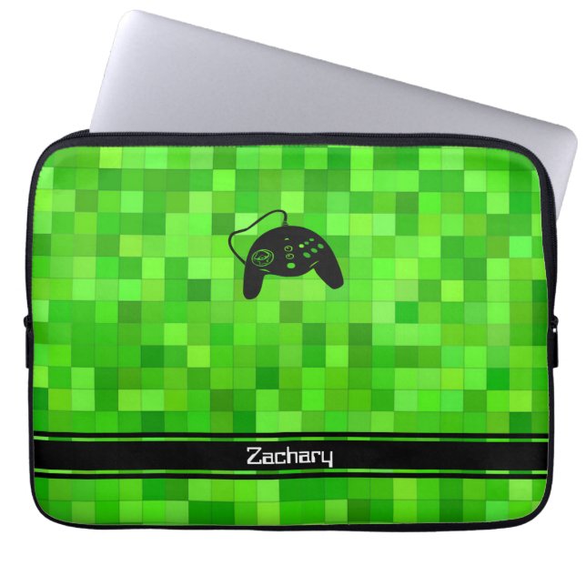 Green Gamer Pixels | Personalised Laptop Sleeve (Front)