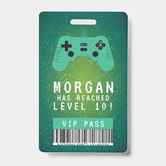 Green Gamer VIP Pass Birthday Invitation ID Badge (Front)