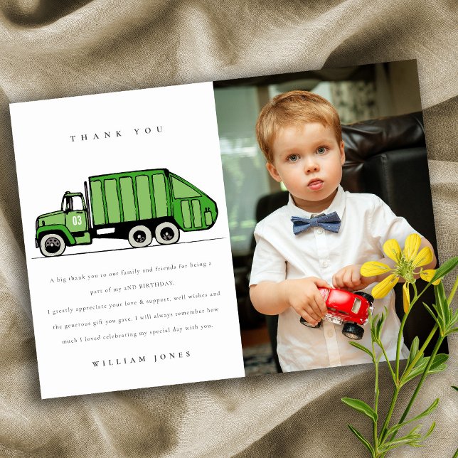 Green Garbage Truck Kids Any Age Birthday Photo Thank You Card (Creator Uploaded)