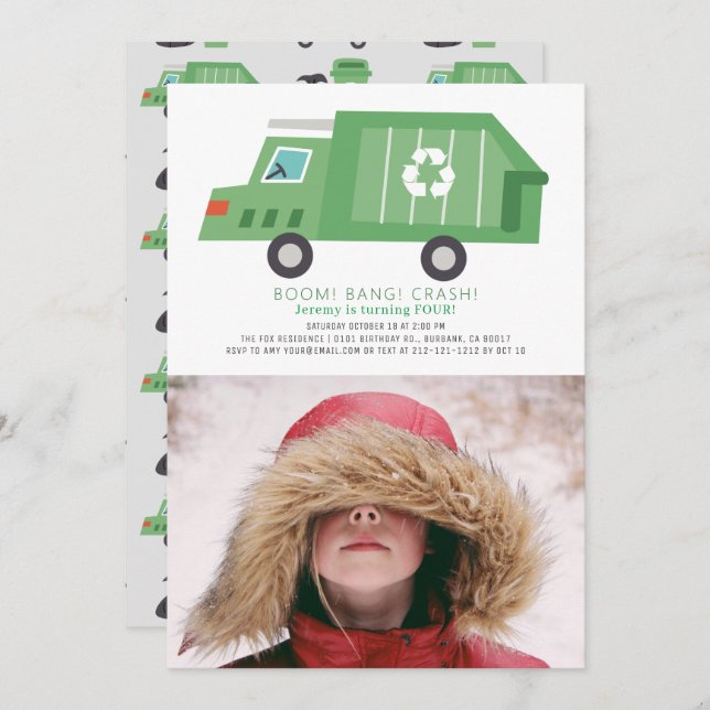 Green Garbage Truck Recycle Boy Photo Birthday Invitation (Front/Back)