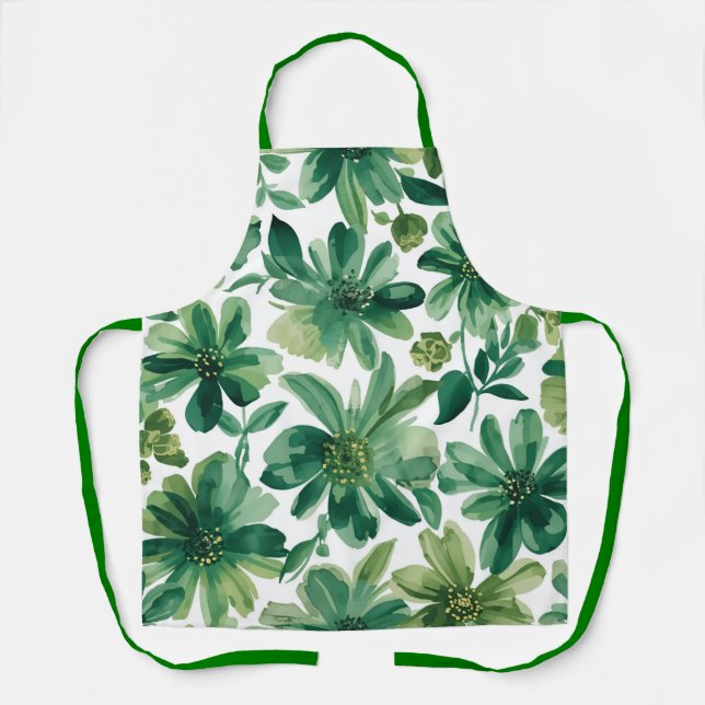 Green Garden Floral Botanical Watercolor Painting Apron (Front)