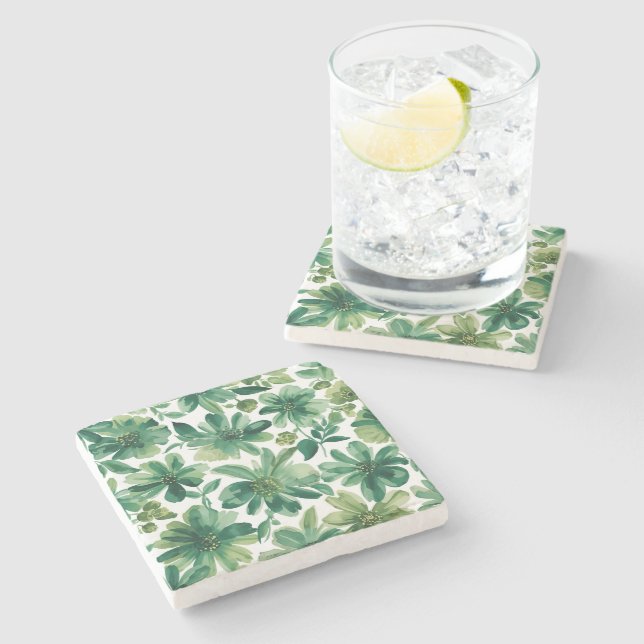 Green Garden Floral Botanical Watercolor Painting Stone Coaster (Side)