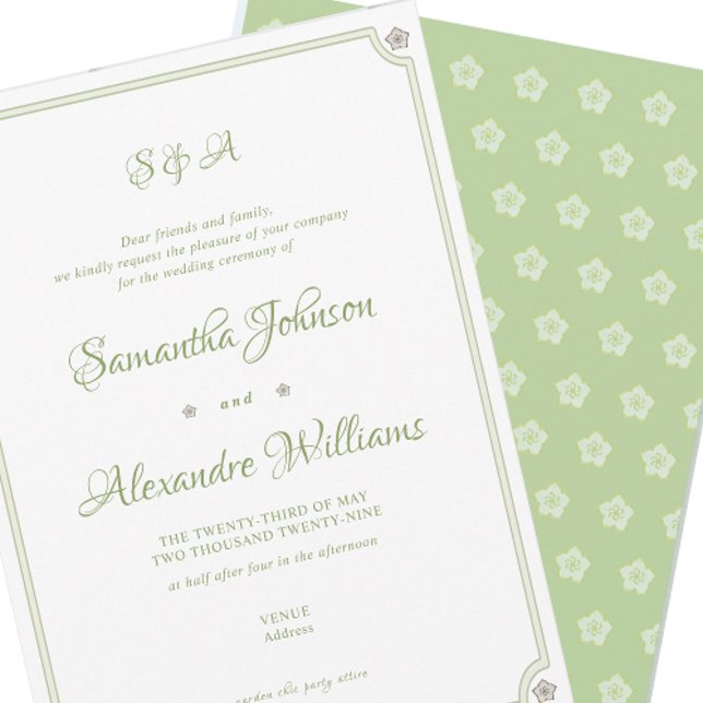 Green Garden Minimalist Script Wedding Ceremony Invitation (Green Garden Minimalist Script Vow Renewal Old Money Wedding Ceremony Invitation and Attire Details)