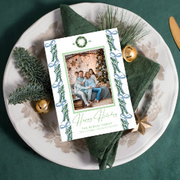 Green Garland with Blue Bow With and a Ornament  Holiday Card