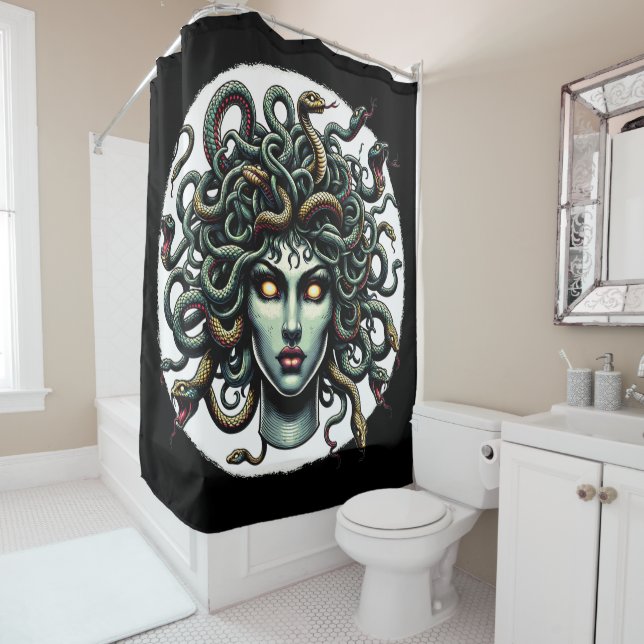 Green Gazing Medusa Head full of Snakes Shower Curtain (In Situ)