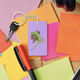 Green Gecko Tribal Lavender Red Key Ring
