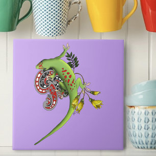 Green Gecko Tribal Lavender Red Tile