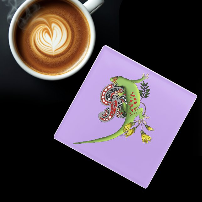 Green Gecko Tribal Purple Glass Coaster (Creator Uploaded)
