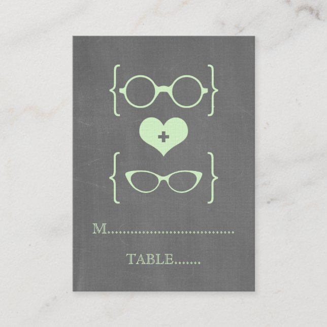Green Geeky Glasses Chalkboard Place Cards (Front)