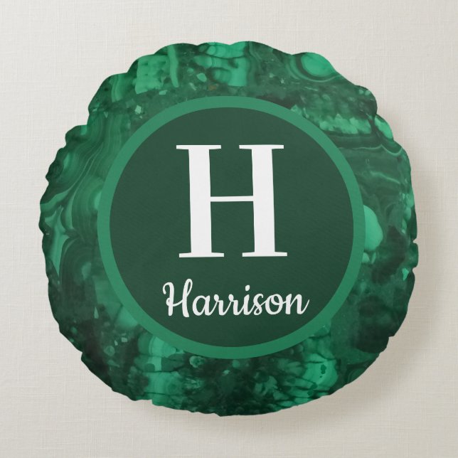 Green Gemstone Family Initial Monogram Round Cushion (Front)