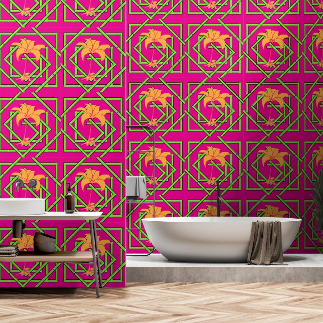 Green Geo Floral Pink  Wallpaper (Bathroom)