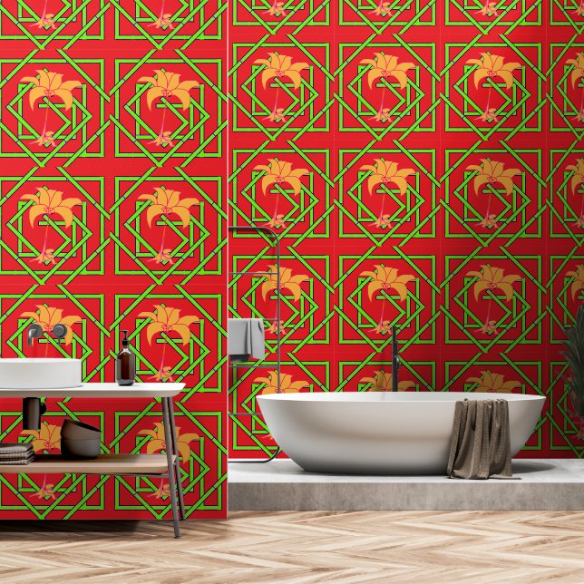 Green Geo Floral Red      Wallpaper (Bathroom)