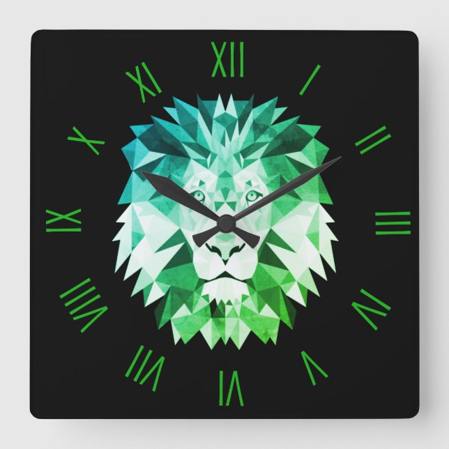 Green Geometric Lion with Roman Numerals Square Wall Clock (Front)