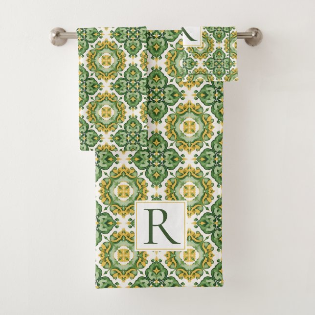 Green geometric Mediterranean tile monogram Bath Towel Set (Insitu)